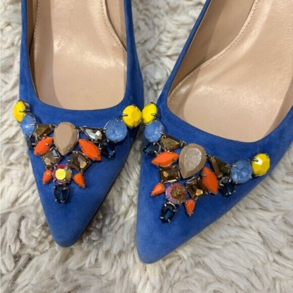 J Crew COLLECTION Dulci Suede Kitten Heels Women’s Size 8 Jeweled Blue Italy - Picture 3 of 16